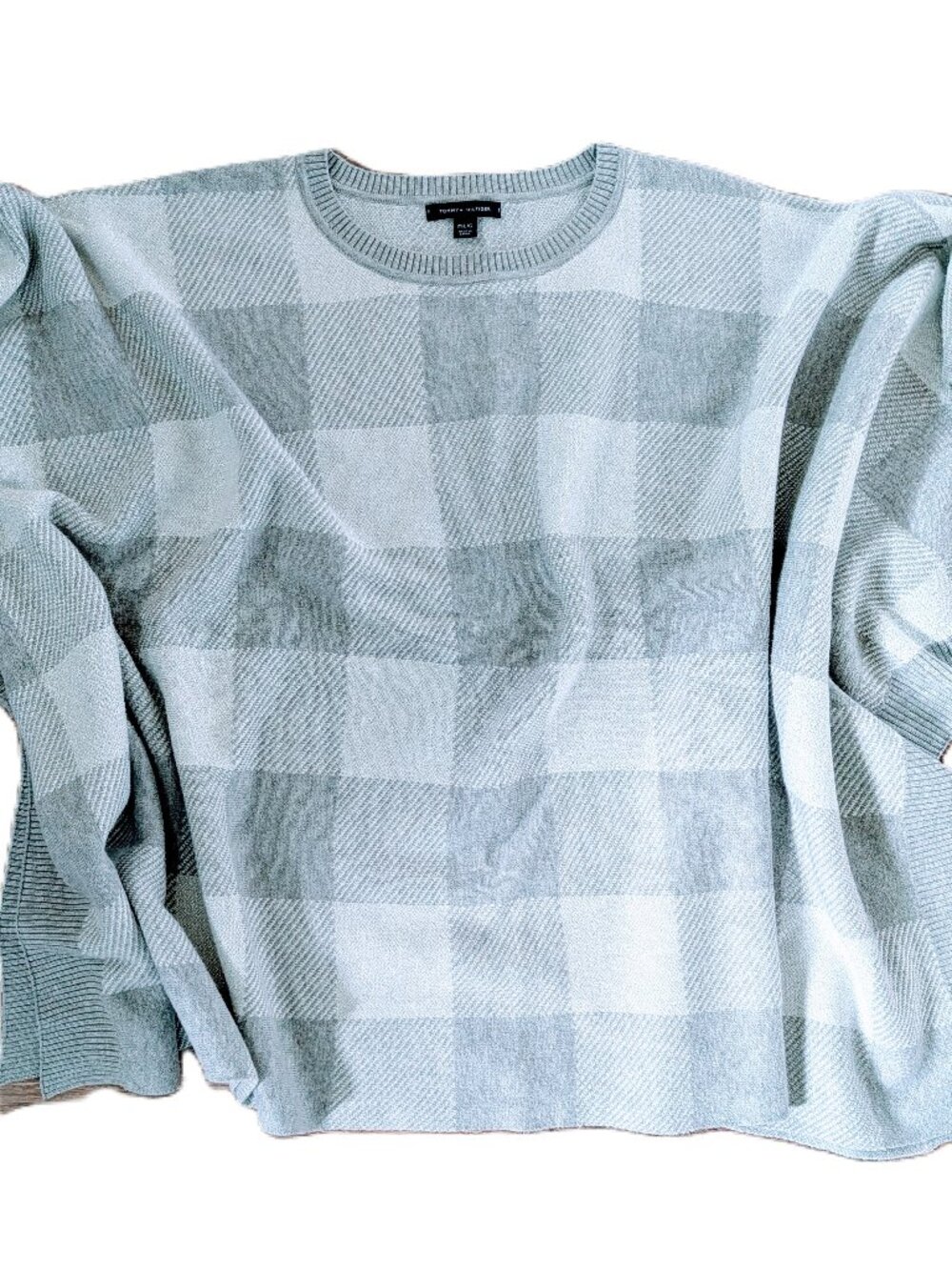 Tommy Hilfiger Plaid Tartan Sweater Grey Silver Metallic Poncho Shaw Sz M/L